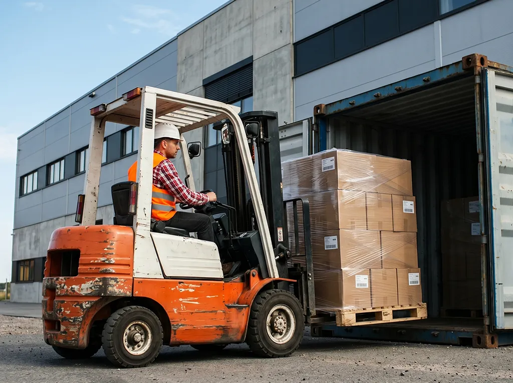 A forklift operator loading palletized goods into a shipping container at a modern industrial warehouse for international export.