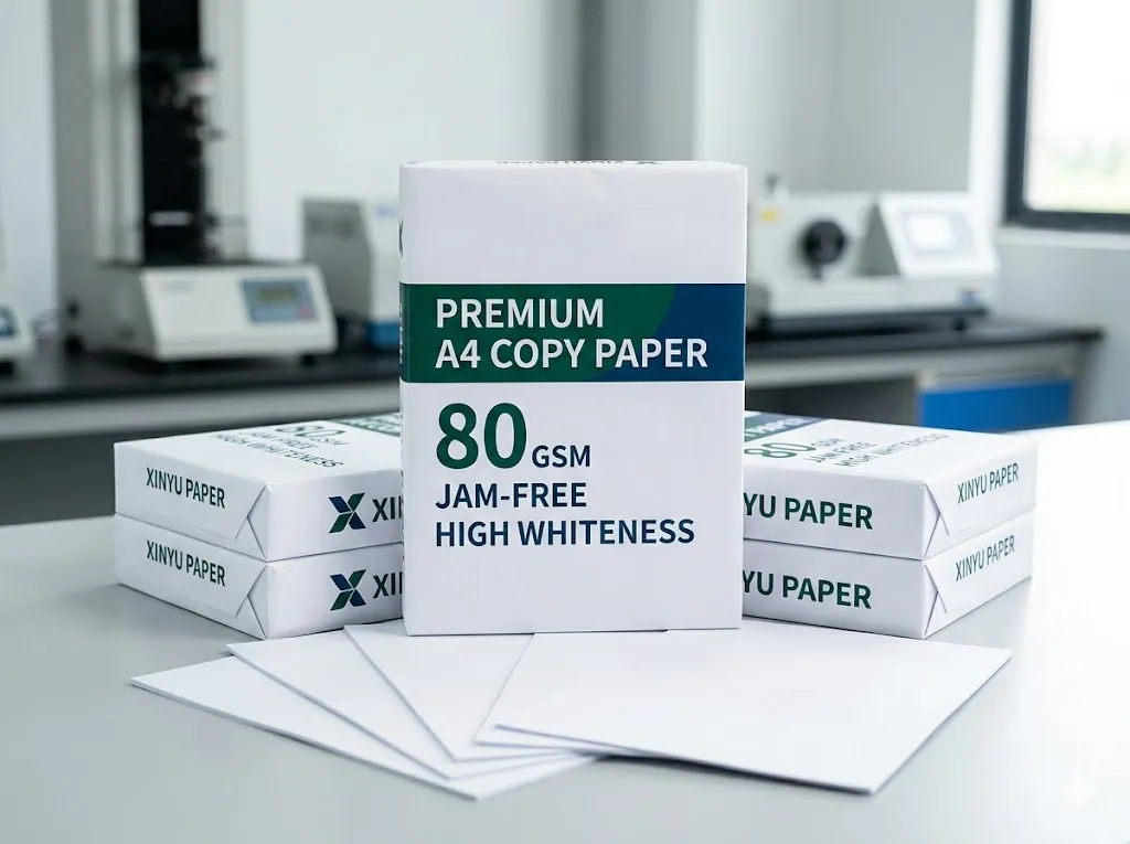 Xinyu Paper brand premium 80gsm A4 copy paper with high whiteness and jam-free technology, displayed in a quality control laboratory setting.