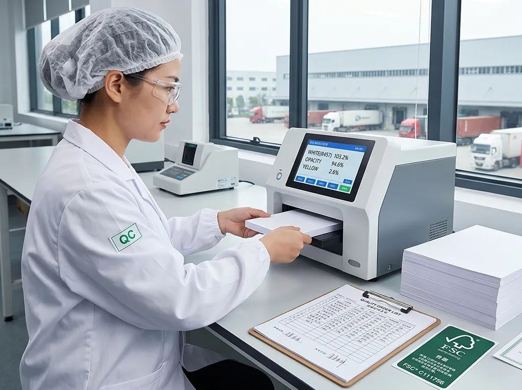 Xinyu Paper quality control technician testing paper whiteness and opacity using professional lab equipment, ensuring FSC certified standards.