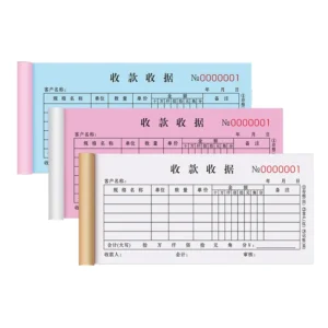 Triplicate 3-part carbonless receipt book featuring white, pink, and blue layers for multi-departmental record keeping.